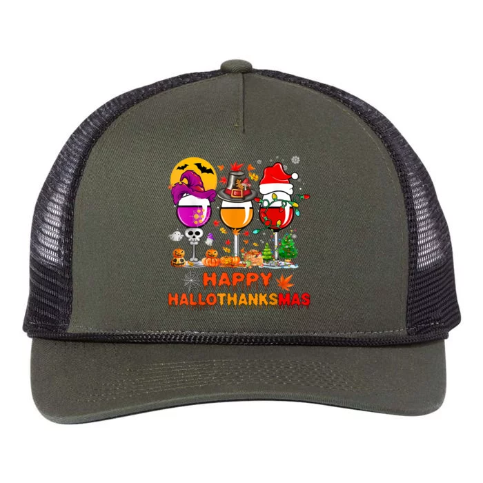 Happy Hallothanksmas Wine Glasses Witch Santa Hat Pumpkin Gift Retro Rope Trucker Hat Cap