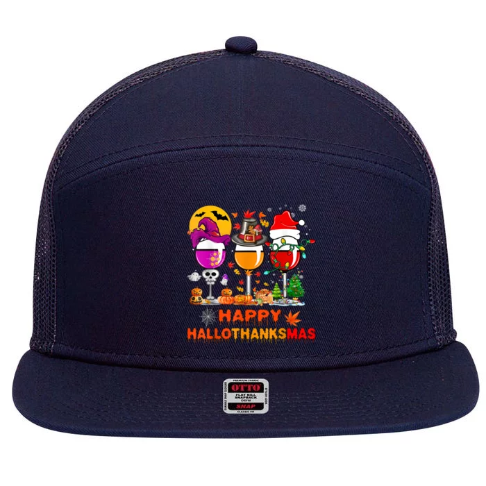 Happy Hallothanksmas Wine Glasses Witch Santa Hat Pumpkin Gift 7 Panel Mesh Trucker Snapback Hat