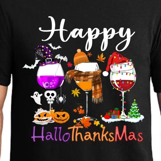 Happy Hallothanksmas Wine Glasses Witch Santa Hat Pumpkin Gift Pajama Set