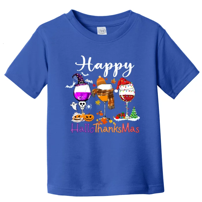 Happy Hallothanksmas Wine Glasses Witch Santa Hat Pumpkin Gift Toddler T-Shirt