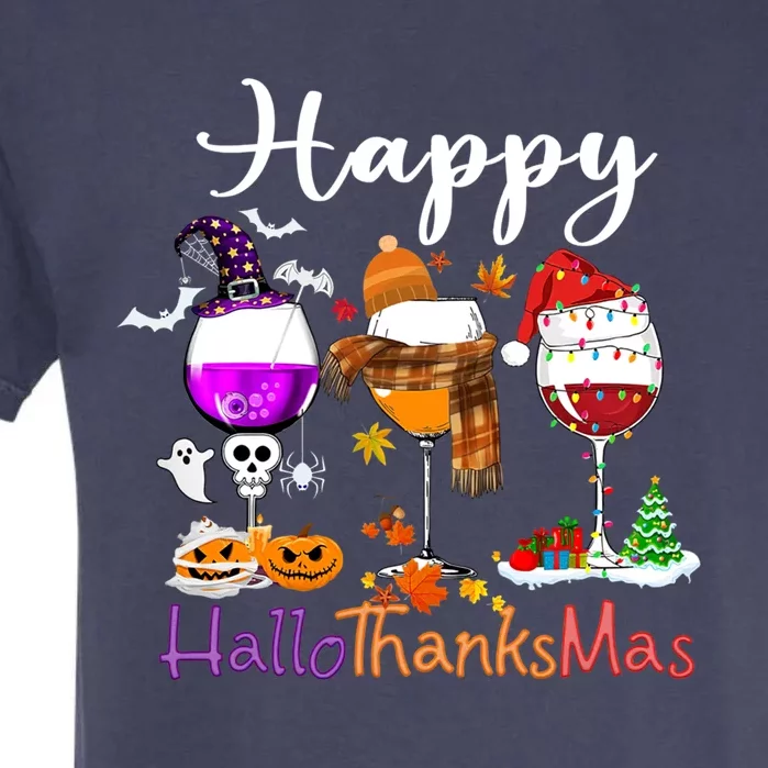 Happy Hallothanksmas Wine Glasses Witch Santa Hat Pumpkin Gift Garment-Dyed Heavyweight T-Shirt