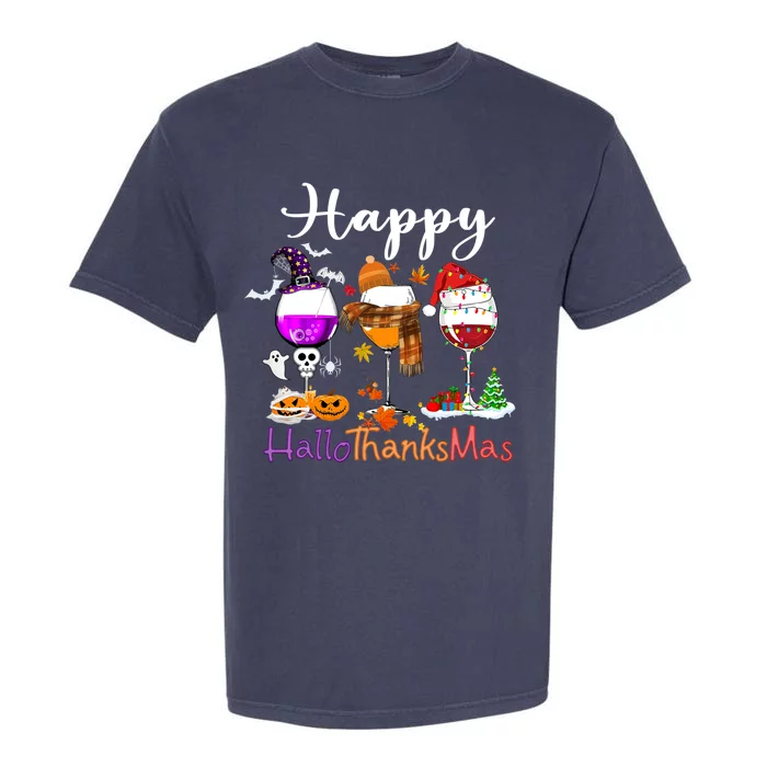 Happy Hallothanksmas Wine Glasses Witch Santa Hat Pumpkin Gift Garment-Dyed Heavyweight T-Shirt