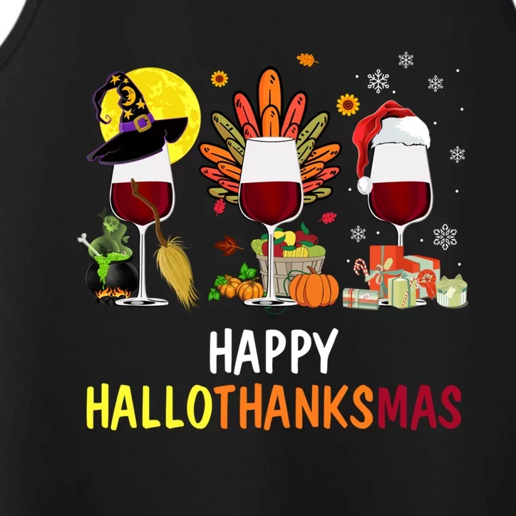 Happy Hallothanksmas Wine Glasses Witch Santa Hat Turkey Gift Performance Tank