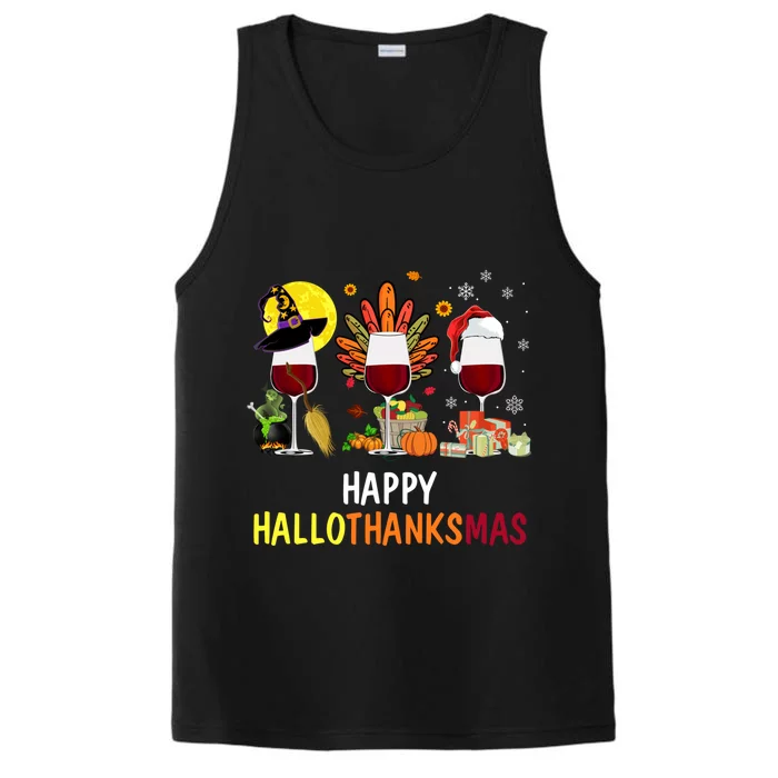 Happy Hallothanksmas Wine Glasses Witch Santa Hat Turkey Gift Performance Tank