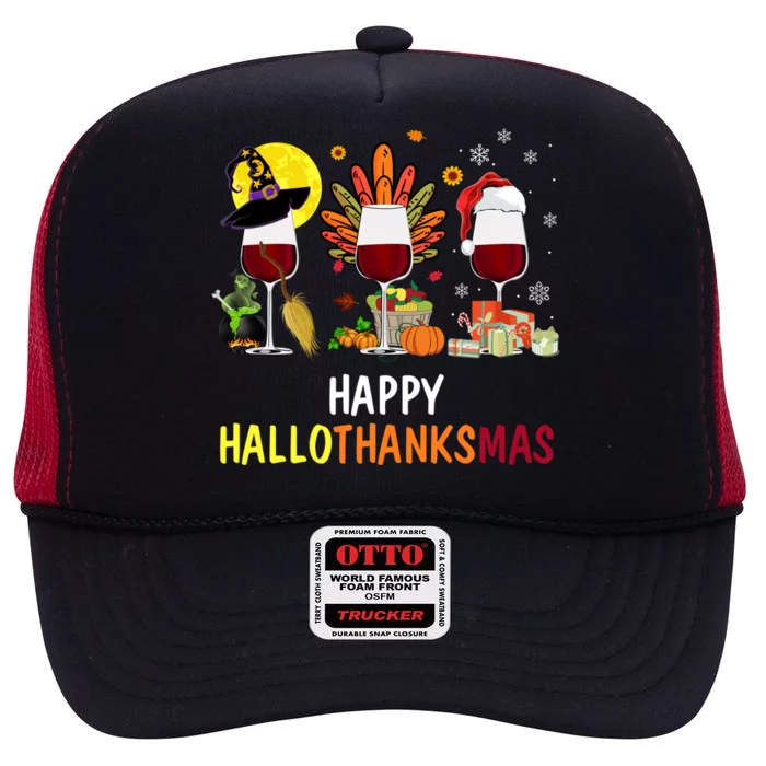 Happy Hallothanksmas Wine Glasses Witch Santa Hat Turkey Gift High Crown Mesh Trucker Hat