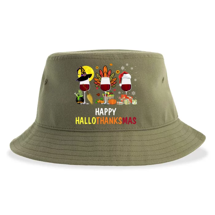 Happy Hallothanksmas Wine Glasses Witch Santa Hat Turkey Gift Sustainable Bucket Hat