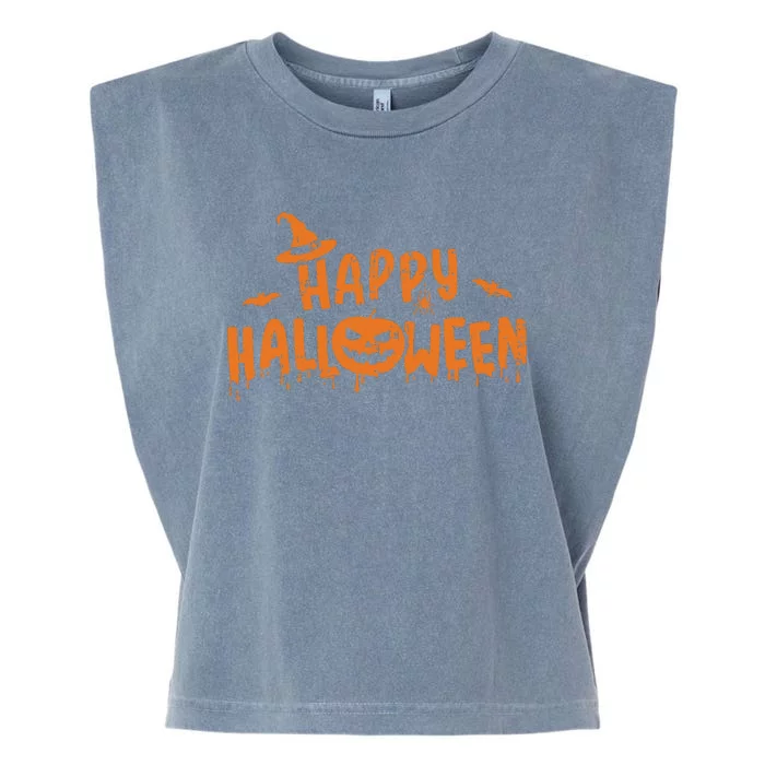 Happy Halloween With Scary Pumpkin Face And Witch Hat Garment-Dyed Women's Muscle Tee