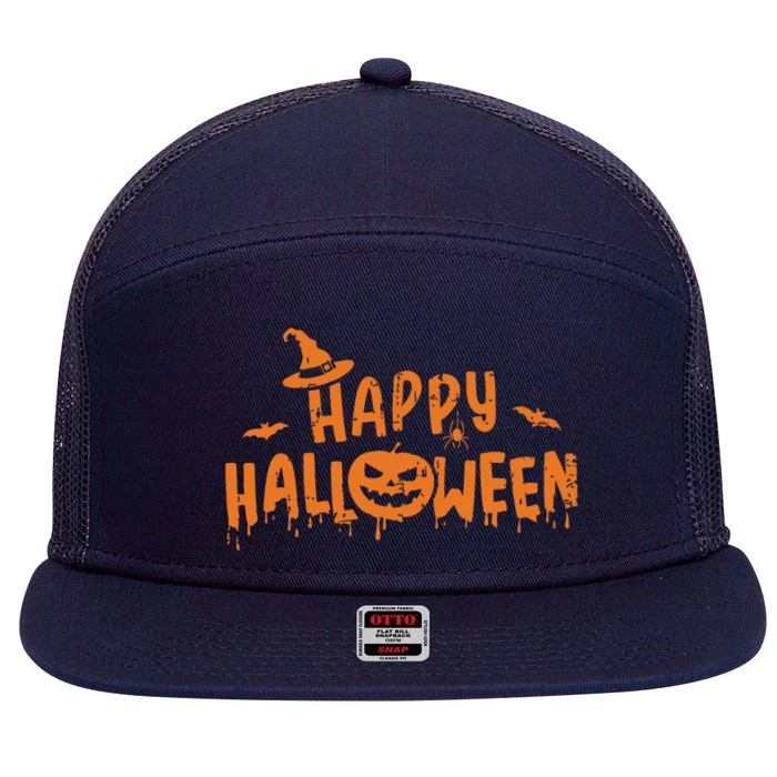 Happy Halloween With Scary Pumpkin Face And Witch Hat 7 Panel Mesh Trucker Snapback Hat