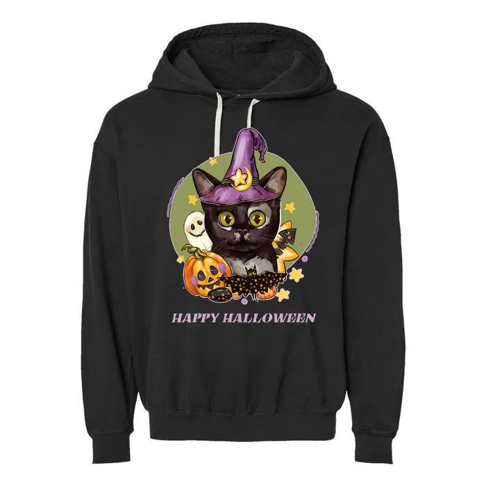 Happy Halloween Witchy Kitty Design Garment-Dyed Fleece Hoodie