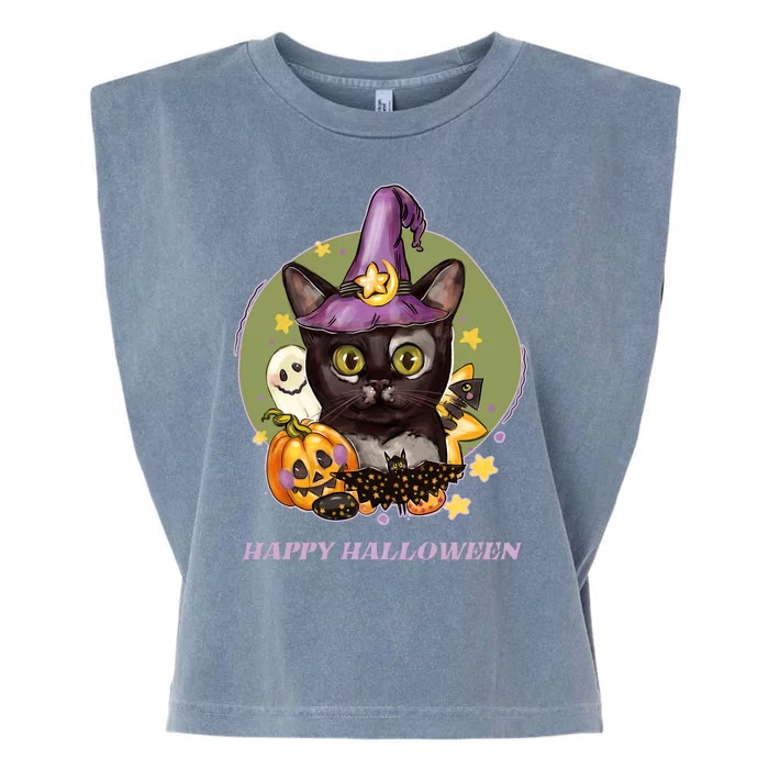 Happy Halloween Witchy Kitty Design Garment-Dyed Women's Muscle Tee