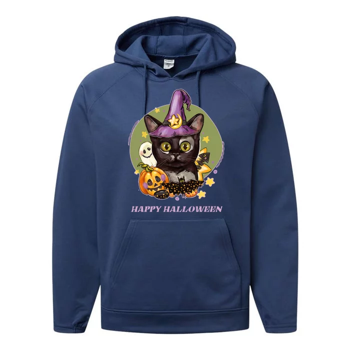 Happy Halloween Witchy Kitty Design Performance Fleece Hoodie