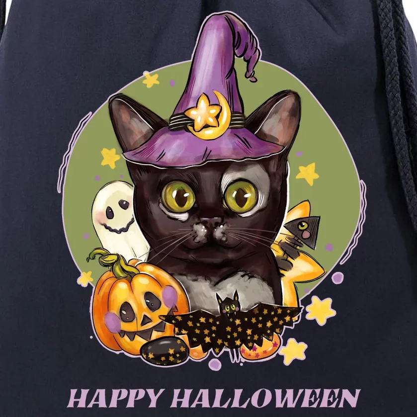 Happy Halloween Witchy Kitty Design Drawstring Bag