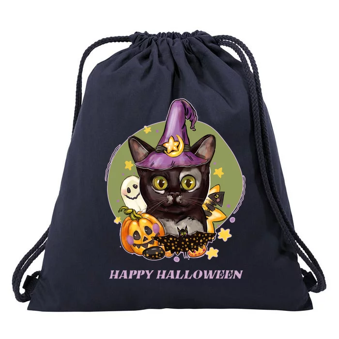 Happy Halloween Witchy Kitty Design Drawstring Bag