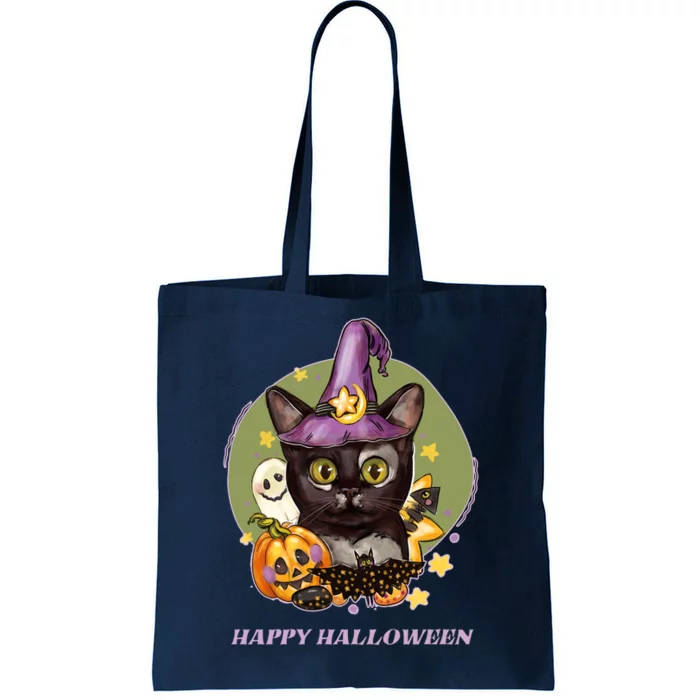 Happy Halloween Witchy Kitty Design Tote Bag