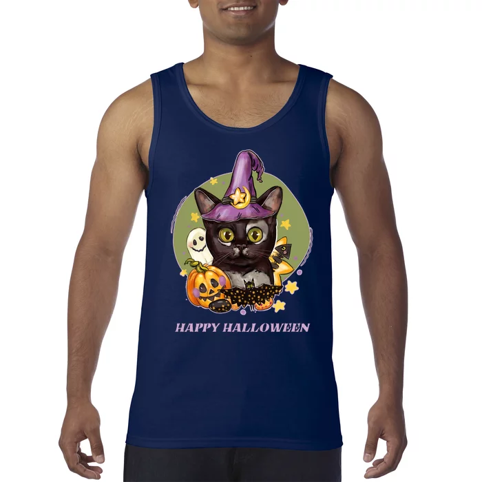 Happy Halloween Witchy Kitty Design Tank Top