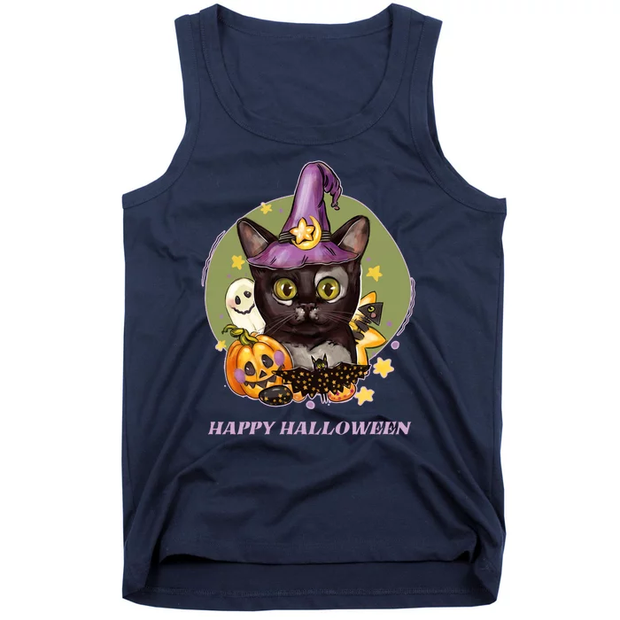 Happy Halloween Witchy Kitty Design Tank Top