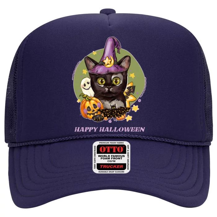 Happy Halloween Witchy Kitty Design High Crown Mesh Trucker Hat