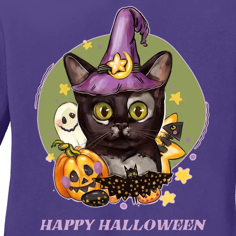 Happy Halloween Witchy Kitty Design Ladies Long Sleeve Shirt