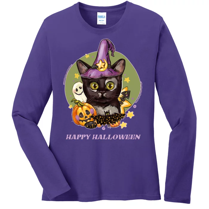 Happy Halloween Witchy Kitty Design Ladies Long Sleeve Shirt