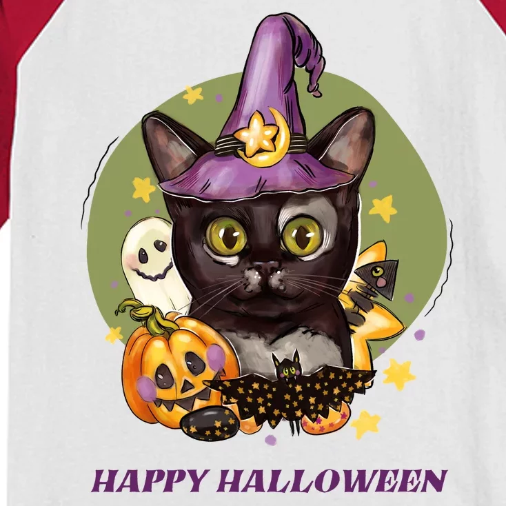 Happy Halloween Witchy Kitty Design Kids Colorblock Raglan Jersey