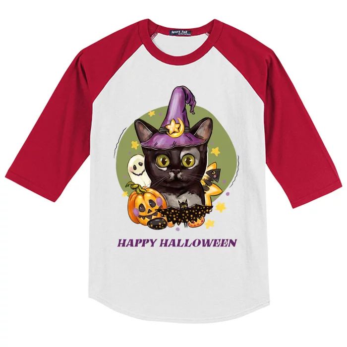 Happy Halloween Witchy Kitty Design Kids Colorblock Raglan Jersey