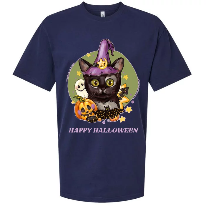 Happy Halloween Witchy Kitty Design Sueded Cloud Jersey T-Shirt