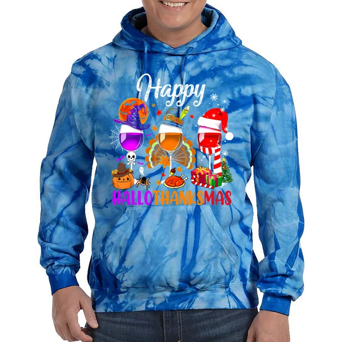 Happy Hallothanksmas Wine Glasses Witch Santa Hat Pumpkin Gift Tie Dye Hoodie