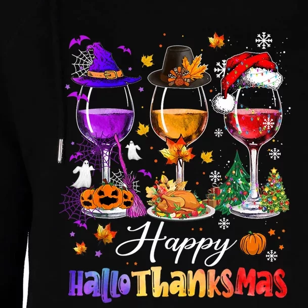 Happy Hallothanksmas Wine Glasses Halloween Merry Christmas Womens Funnel Neck Pullover Hood