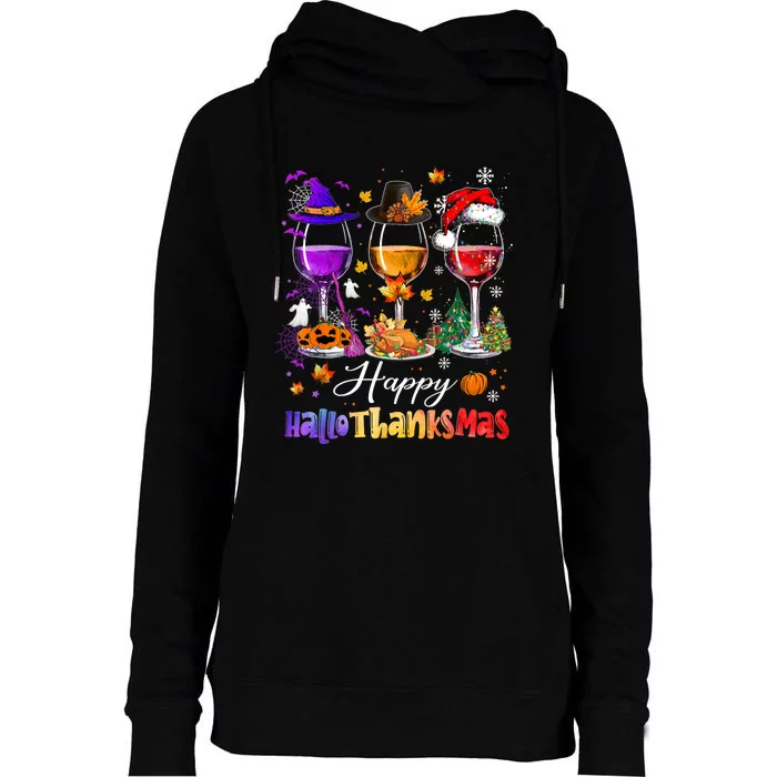 Happy Hallothanksmas Wine Glasses Halloween Merry Christmas Womens Funnel Neck Pullover Hood