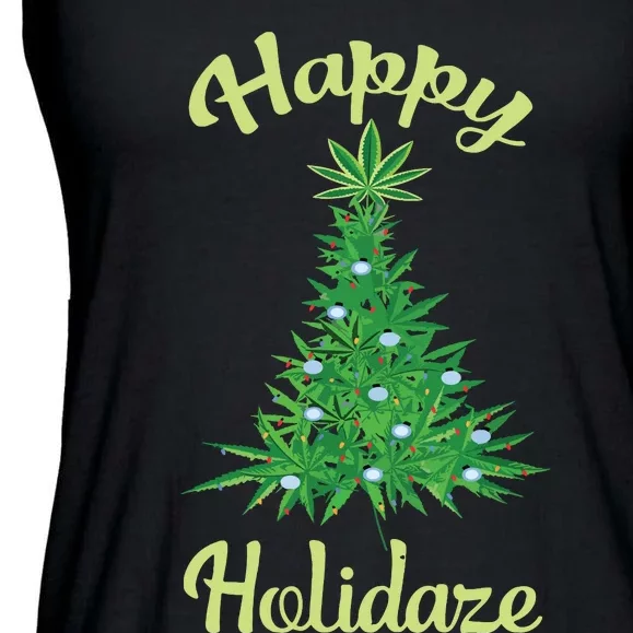 Happy Holidaze Weed Marijuana Leaf Cannabis Christmas Tree Ladies Essential Flowy Tank