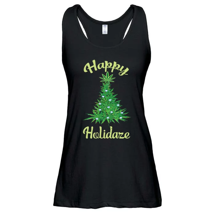 Happy Holidaze Weed Marijuana Leaf Cannabis Christmas Tree Ladies Essential Flowy Tank