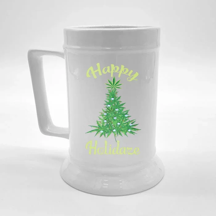 Happy Holidaze Weed Marijuana Leaf Cannabis Christmas Tree Front & Back Beer Stein