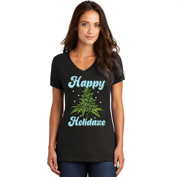 Happy Holidaze Weed Cannabis Christmas Trees Ugly Sweater Women's V-Neck T-Shirt