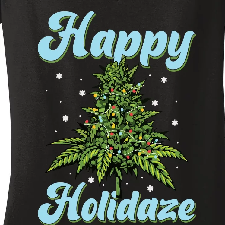 Happy Holidaze Weed Cannabis Christmas Trees Ugly Sweater Women's V-Neck T-Shirt