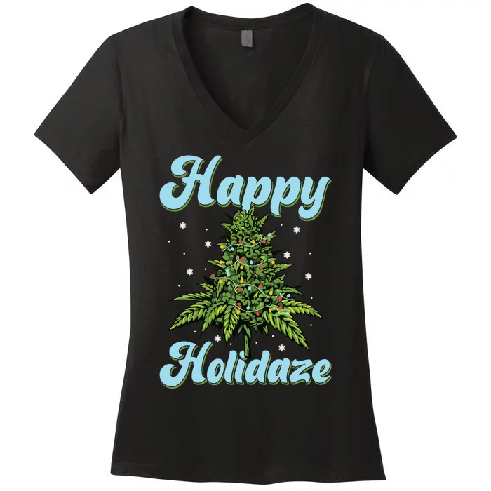 Happy Holidaze Weed Cannabis Christmas Trees Ugly Sweater Women's V-Neck T-Shirt