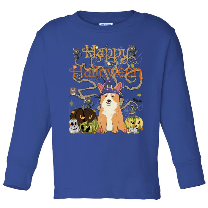 Happy Halloween Witch Corgi Cats Pumpkin Cute JackOLantern Gift Toddler Long Sleeve Shirt