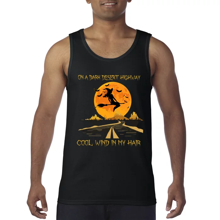 Happy Halloween Witch Riding Brooms On A Dark Desert Highway Tank Top