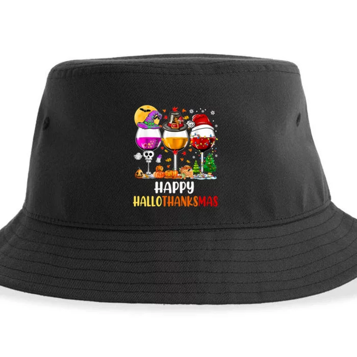 Happy Hallothanksmas Wine Glasses Wine Lover Long Sleeve Sustainable Bucket Hat