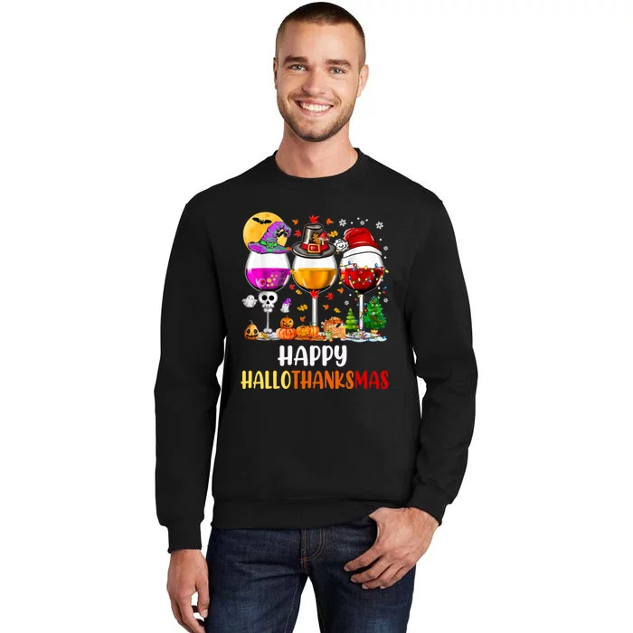 Happy Hallothanksmas Wine Glasses Wine Lover Long Sleeve Tall Sweatshirt