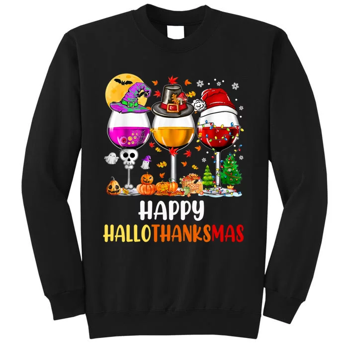 Happy Hallothanksmas Wine Glasses Wine Lover Long Sleeve Tall Sweatshirt