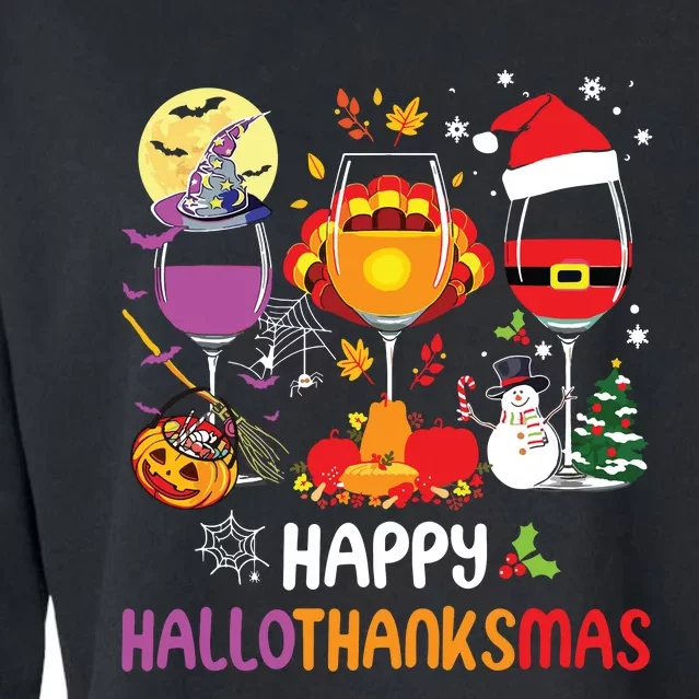 Happy Hallothanksmas Wine Glasses Halloween Thanksgiving Cropped Pullover Crew