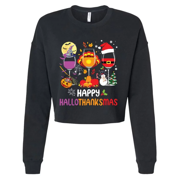 Happy Hallothanksmas Wine Glasses Halloween Thanksgiving Cropped Pullover Crew