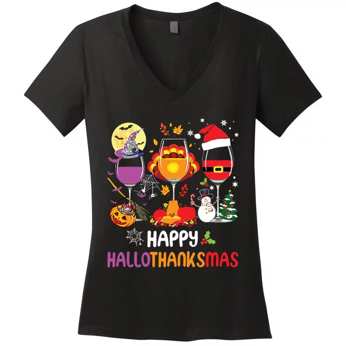 Happy Hallothanksmas Wine Glasses Halloween Thanksgiving Women's V-Neck T-Shirt