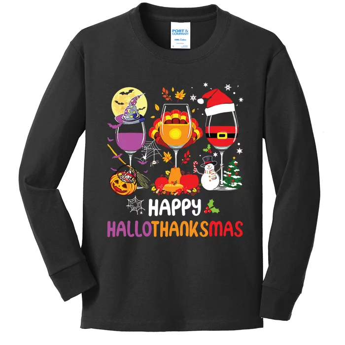 Happy Hallothanksmas Wine Glasses Halloween Thanksgiving Kids Long Sleeve Shirt