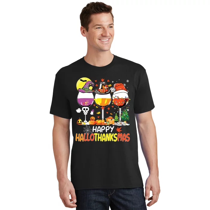 Happy Hallothanksmas Wine Glasses Witch Santa Hat Pumpkin T-Shirt