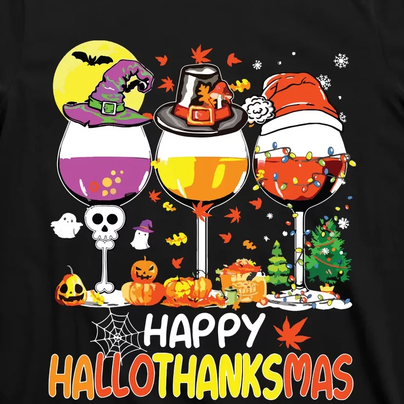 Happy Hallothanksmas Wine Glasses Witch Santa Hat Pumpkin T-Shirt