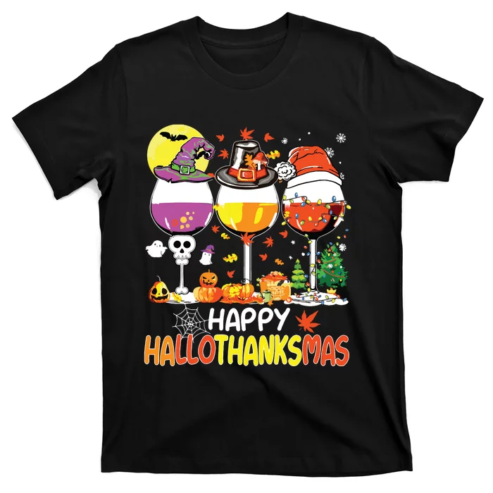 Happy Hallothanksmas Wine Glasses Witch Santa Hat Pumpkin T-Shirt