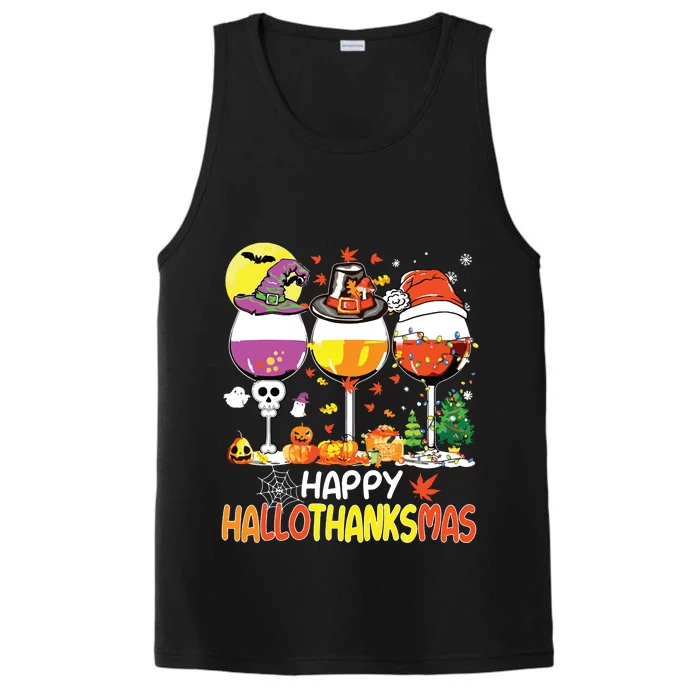 Happy Hallothanksmas Wine Glasses Witch Santa Hat Pumpkin Performance Tank