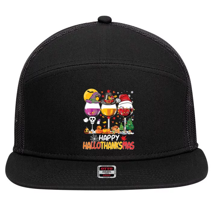 Happy Hallothanksmas Wine Glasses Witch Santa Hat Pumpkin 7 Panel Mesh Trucker Snapback Hat