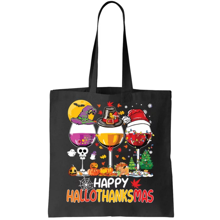 Happy Hallothanksmas Wine Glasses Witch Santa Hat Pumpkin Tote Bag